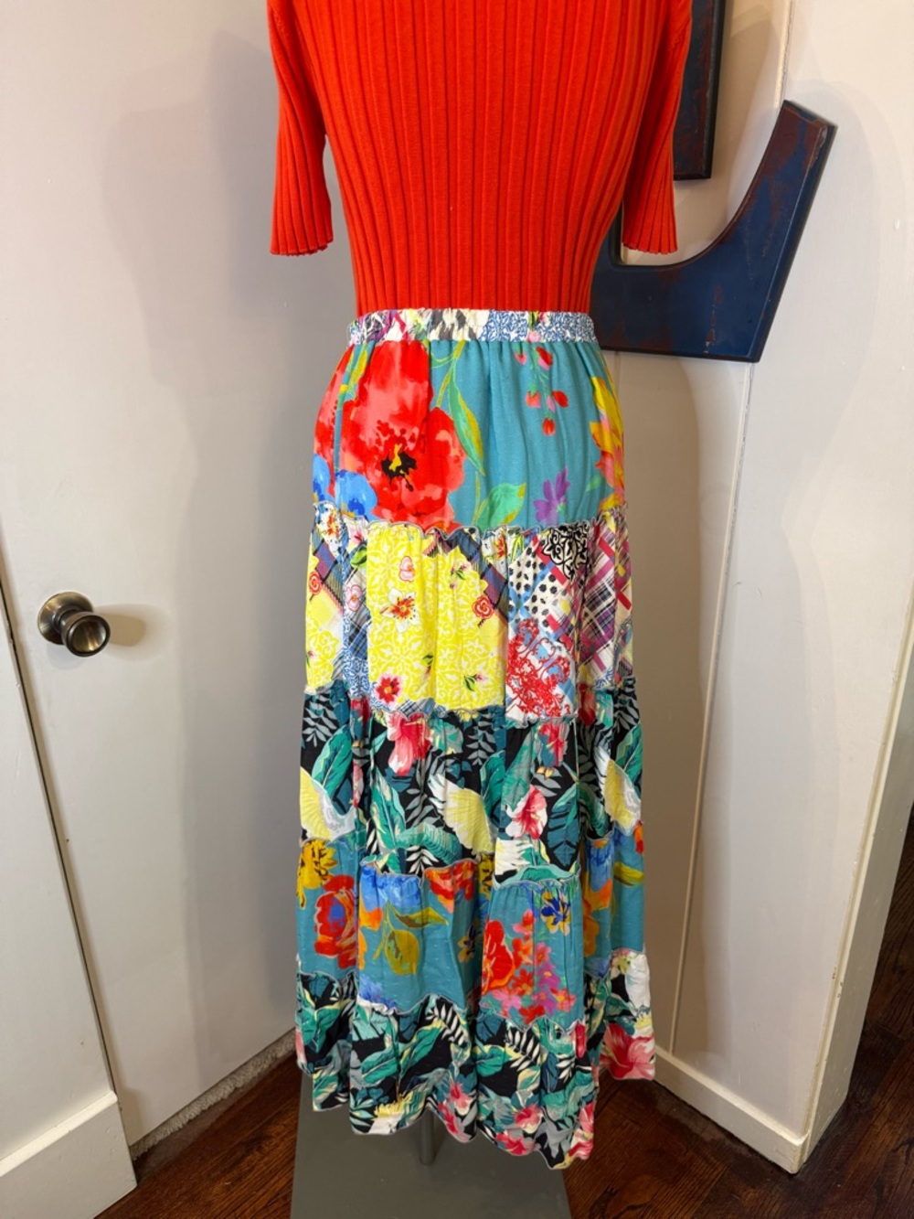 John Mark Teal Patchwork Floral Maxi Skirt with Bright Accents Sz M